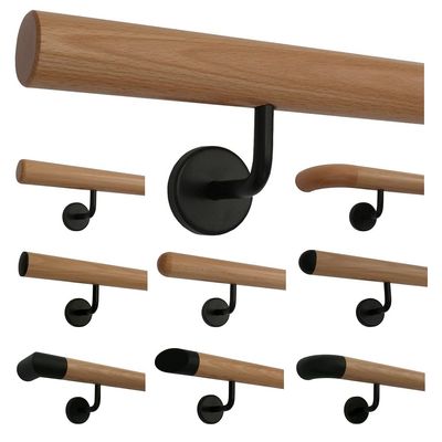 TIBU Beech Wood Handrail, 400 cm, with 5 Black Wall Brackets and Chamfered Ends
