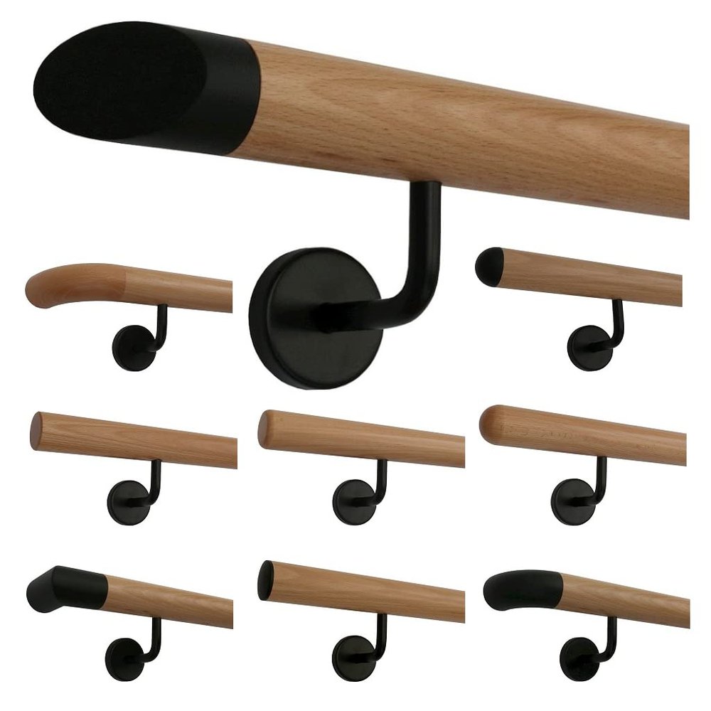TIBU Beech Wood Handrail Set, 320 cm, with 4 Black Brackets and Angled Black End Piece