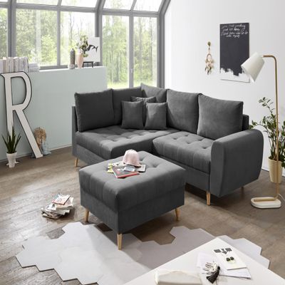 ALICE Corner Sofa with Ottoman, Anthracite Fabric – Modern Sectional with Cushions & Solid Wood Feet, 249 x 94 x 175 cm (W/H/D)