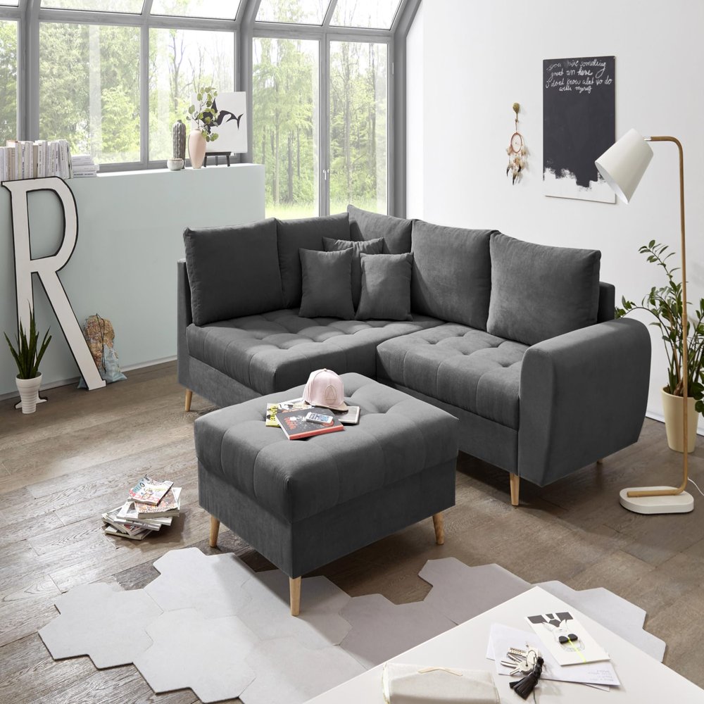 ALICE Corner Sofa with Ottoman, Anthracite Fabric – Modern Sectional with Cushions & Solid Wood Feet, 249 x 94 x 175 cm (W/H/D)