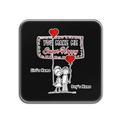 UNIGIFT You Make Me Super Happy Glossy Coaster (Romantic Design, White), Personalized Name, Funny Heart Balloon, Black Square