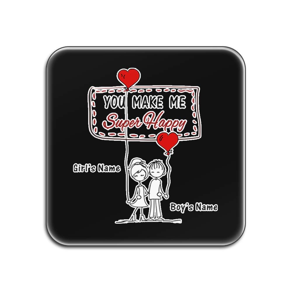 UNIGIFT You Make Me Super Happy Glossy Coaster (Romantic Design, White), Personalized Name, Funny Heart Balloon, Black Square