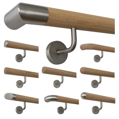 TIBU Unfinished Oak Wood Wall-Mounted Handrail, 3200 mm, 4 Angled Stainless Steel Brackets, Stainless Steel Corner Ends