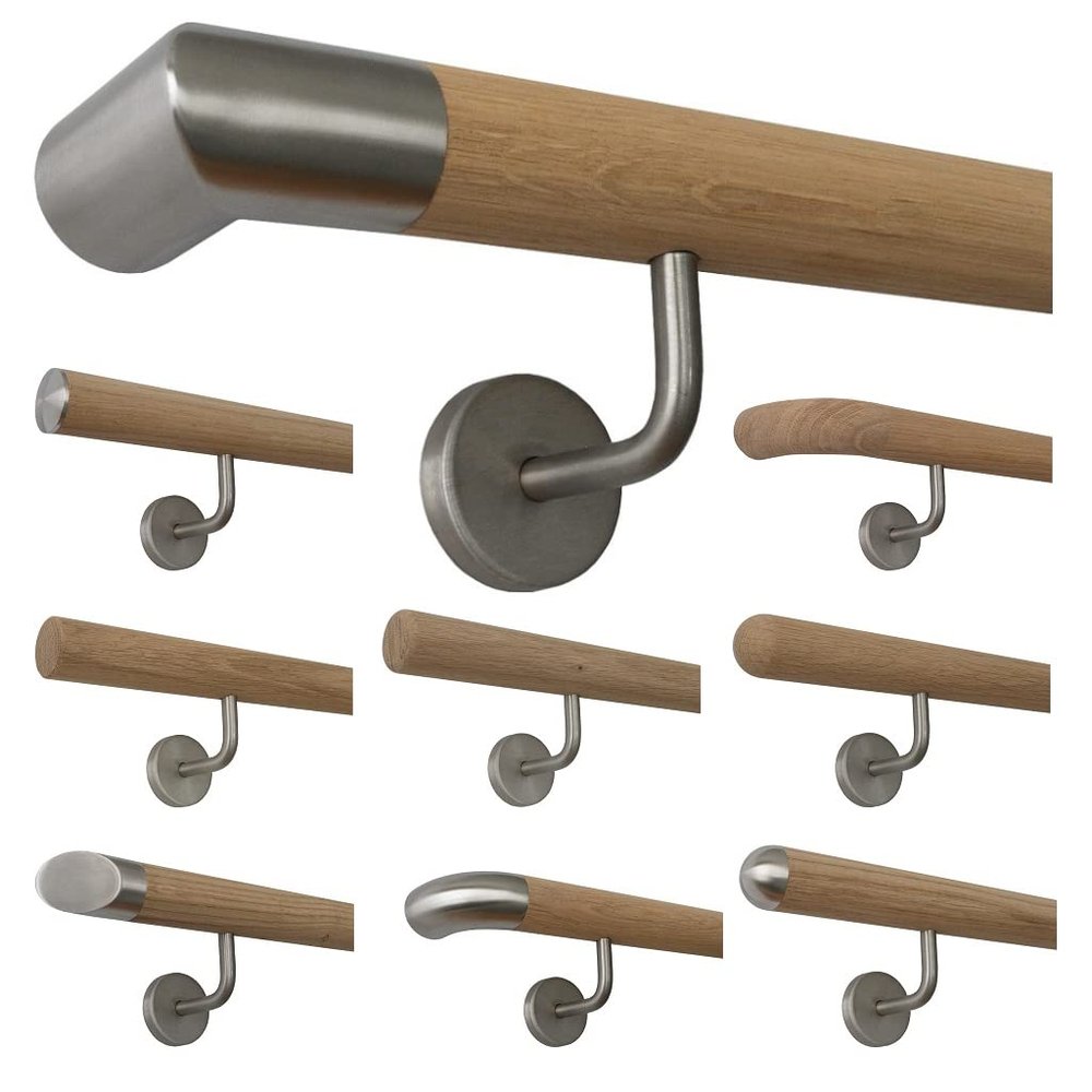 TIBU Unfinished Oak Wood Wall-Mounted Handrail, 3200 mm, 4 Angled Stainless Steel Brackets, Stainless Steel Corner Ends