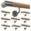 TIBU Unfinished Oak Wood Wall-Mounted Handrail, 3200 mm, 4 Angled Stainless Steel Brackets, Stainless Steel Corner Ends view 1