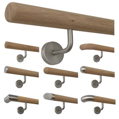 TIBU Untreated Oak Wood Handrail, 4000 mm, 5 Angled Stainless Steel Brackets, Radius-Milled Ends