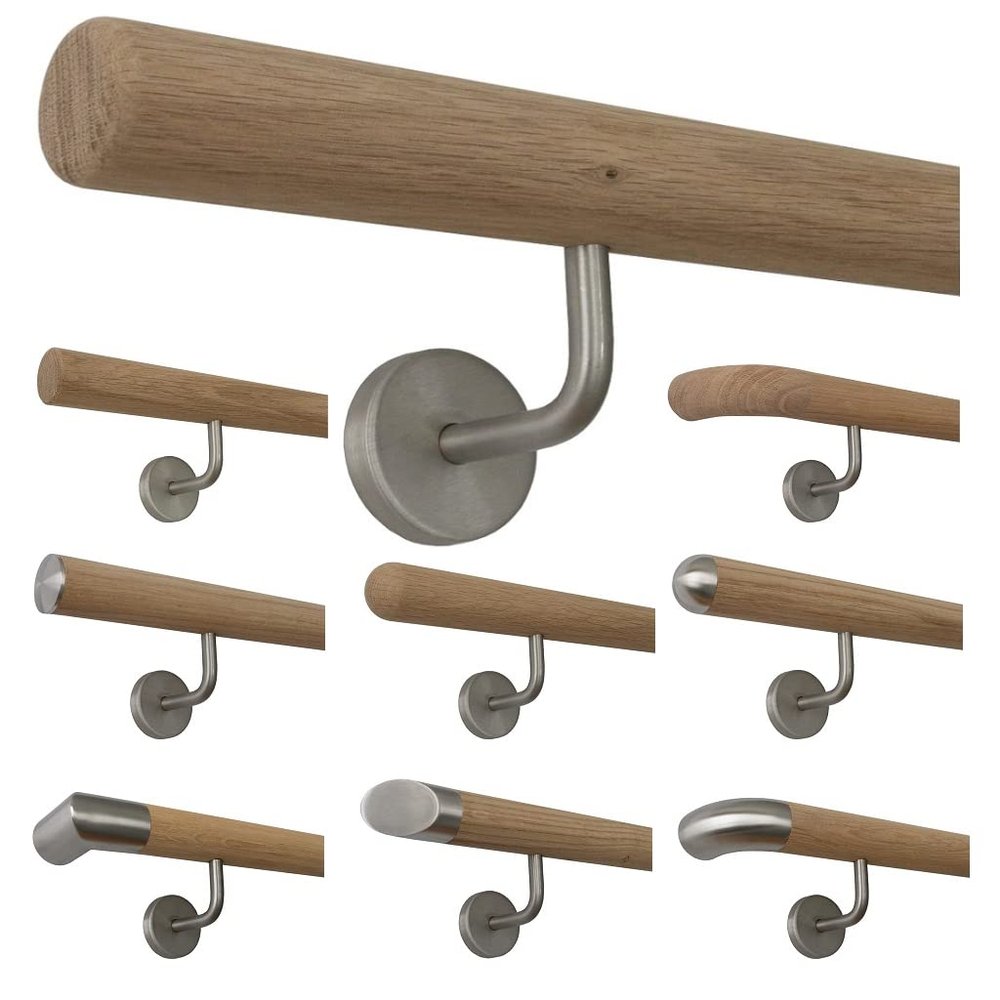 TIBU Untreated Oak Wood Handrail, 4000 mm, 5 Angled Stainless Steel Brackets, Radius-Milled Ends