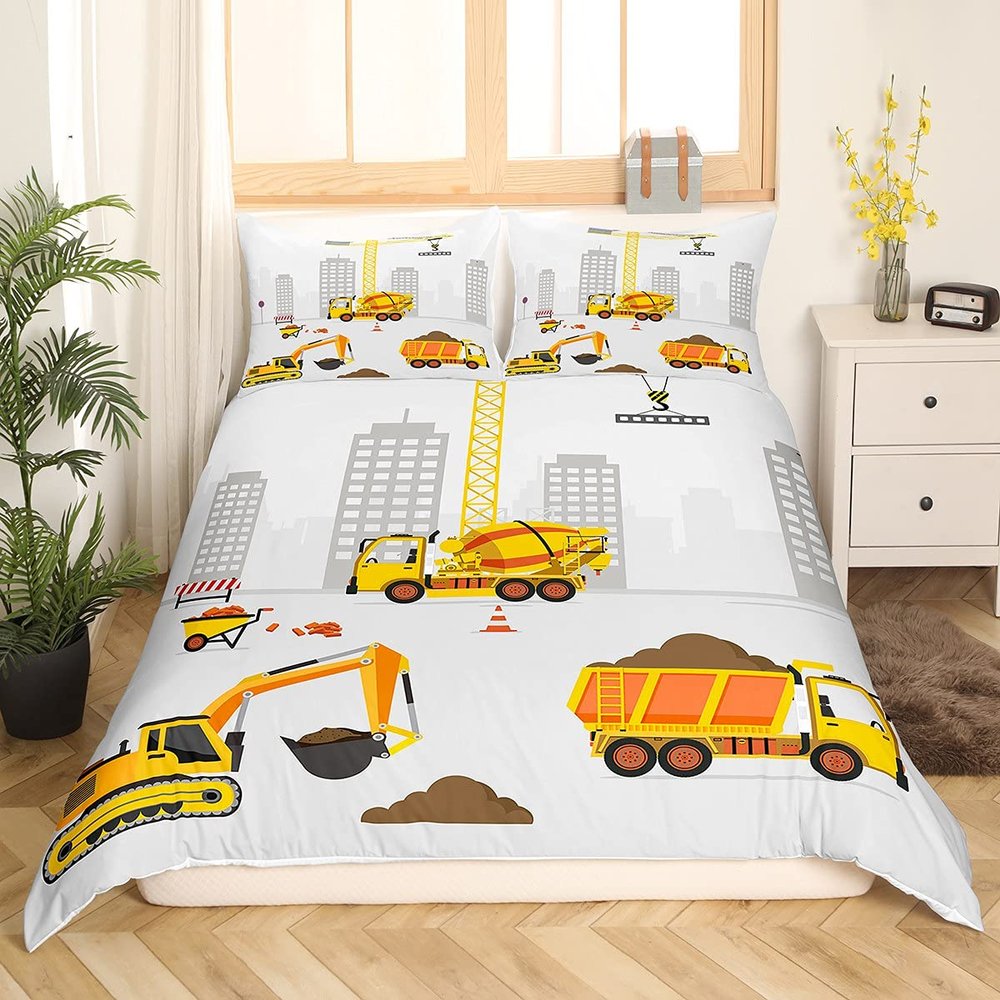 Loussiesd Children's Bedding Set, Excavator Pattern, Cute Cartoon Toddler Bedding Set with 1 Pillowcase, 100 × 135 cm + 40 × 60 cm, Soft Microfiber Bedding Set for Girls and Boys, 2-Piece