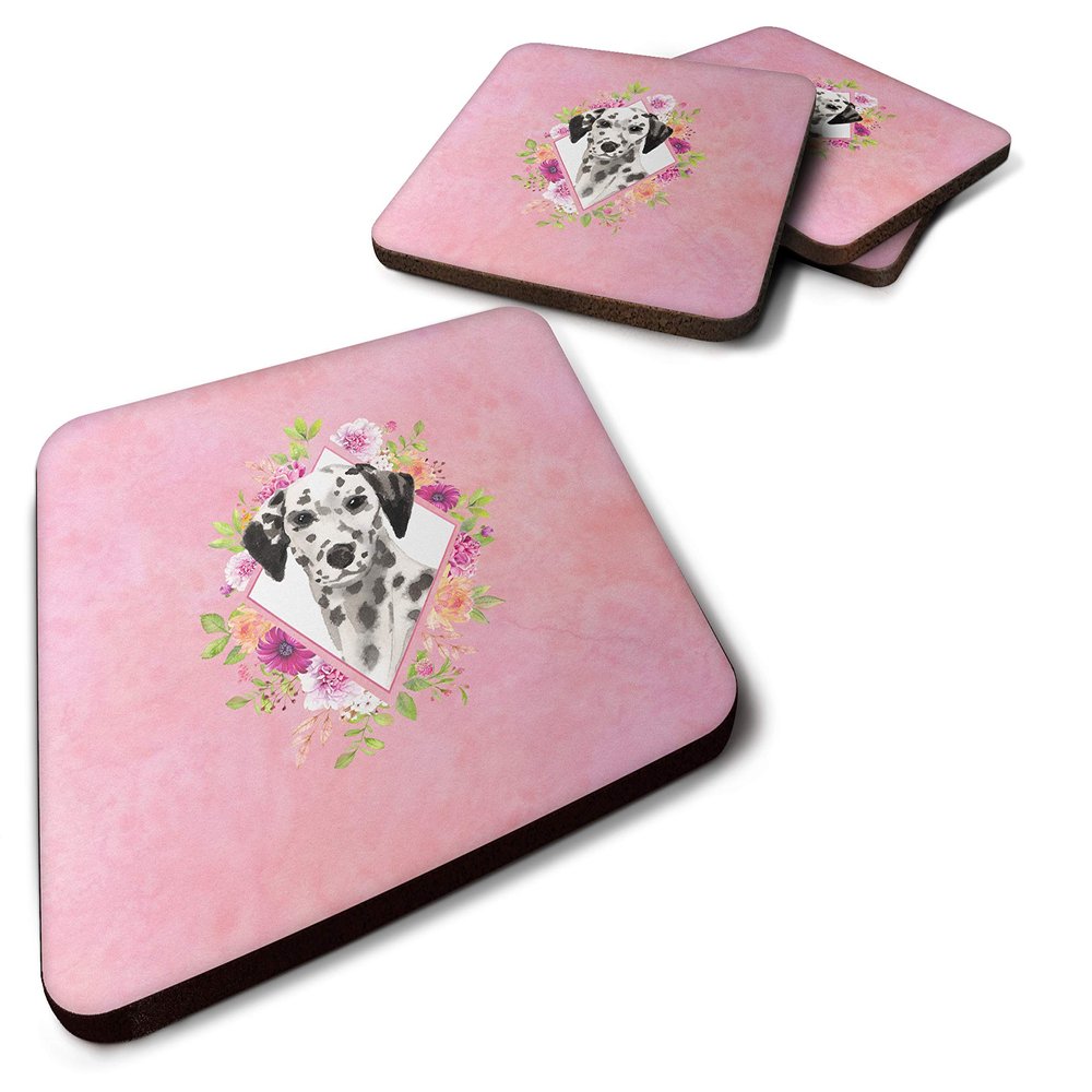 Caroline's Treasures CK4242FC Dalmatian Pink Flowers Foam Coaster Set of 4, Multicolored
