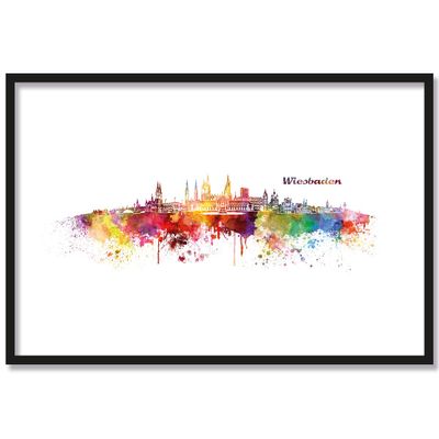 JUNIWORDS Poster with/without Wooden Frame, Watercolor Wiesbaden Skyline, 21 x 30 cm (S), Natural Frame