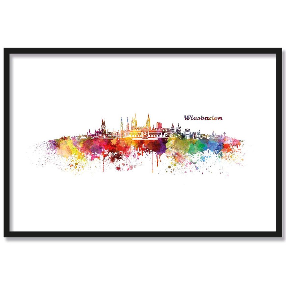 JUNIWORDS Poster with/without Wooden Frame, Watercolor Wiesbaden Skyline, 21 x 30 cm (S), Natural Frame
