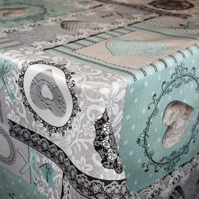 KEVKUS Oilcloth Tablecloth C142093 Hearts Love Patchwork, Turquoise, Rectangular, Round or Oval, Piped Edge, 140 x 260 cm Rectangular