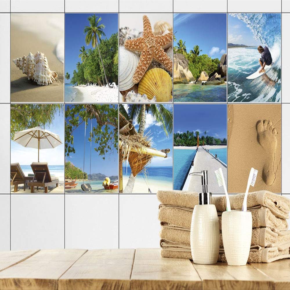 GRAZDesign Maritime Beach Tile Stickers for Bathrooms, Self-Adhesive Wall Tiles, Set of 30