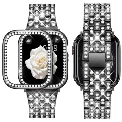 SUPOIX Compatible Apple Watch 42 mm Band with Case, Women's Bling Rhinestone Metal Replacement Band and Soft TPU Case for iWatch Series 3/2/1, Black