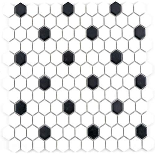 Hexagon Ceramic Mosaic Tile, Matte Black and White, 10 Sheets