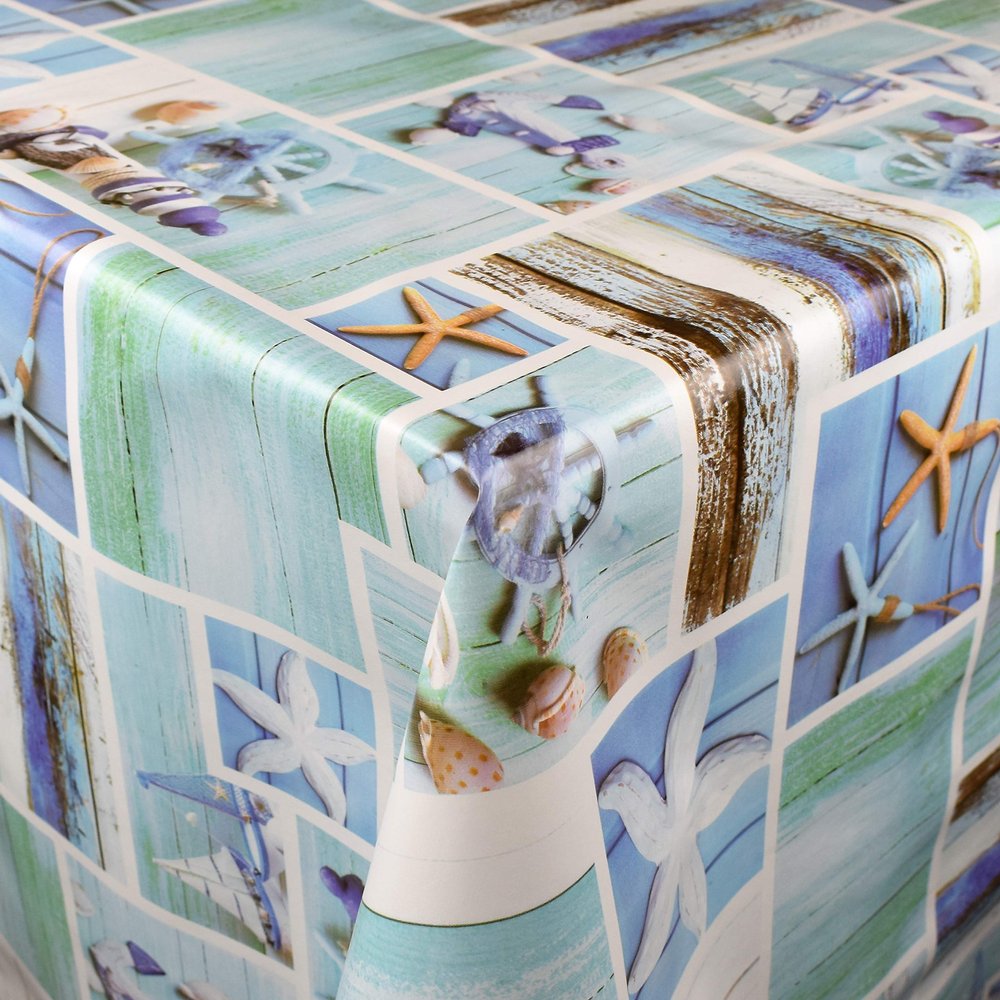 KEVKUS B9071-01 Maritime Wood Starfish Oilcloth Tablecloth, Custom Size and Shape