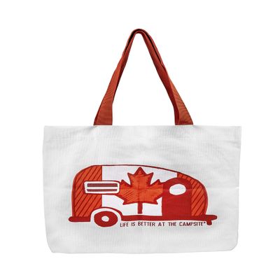 Camco Life Is Better at the Campsite Tote Bag with Canadian Flag and Mini Camper Design (53371)