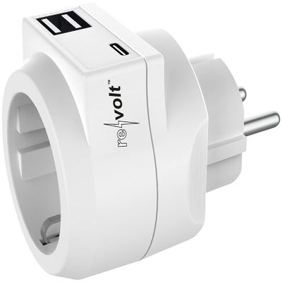revolt 3-in-1 Outlet Adapter with USB-C and 2 USB-A Ports, 230 V, 3.6 A, 18 W
