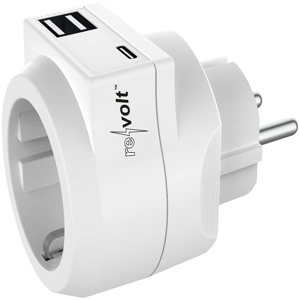 revolt 3-in-1 Outlet Adapter with USB-C and 2 USB-A Ports, 230 V, 3.6 A, 18 W