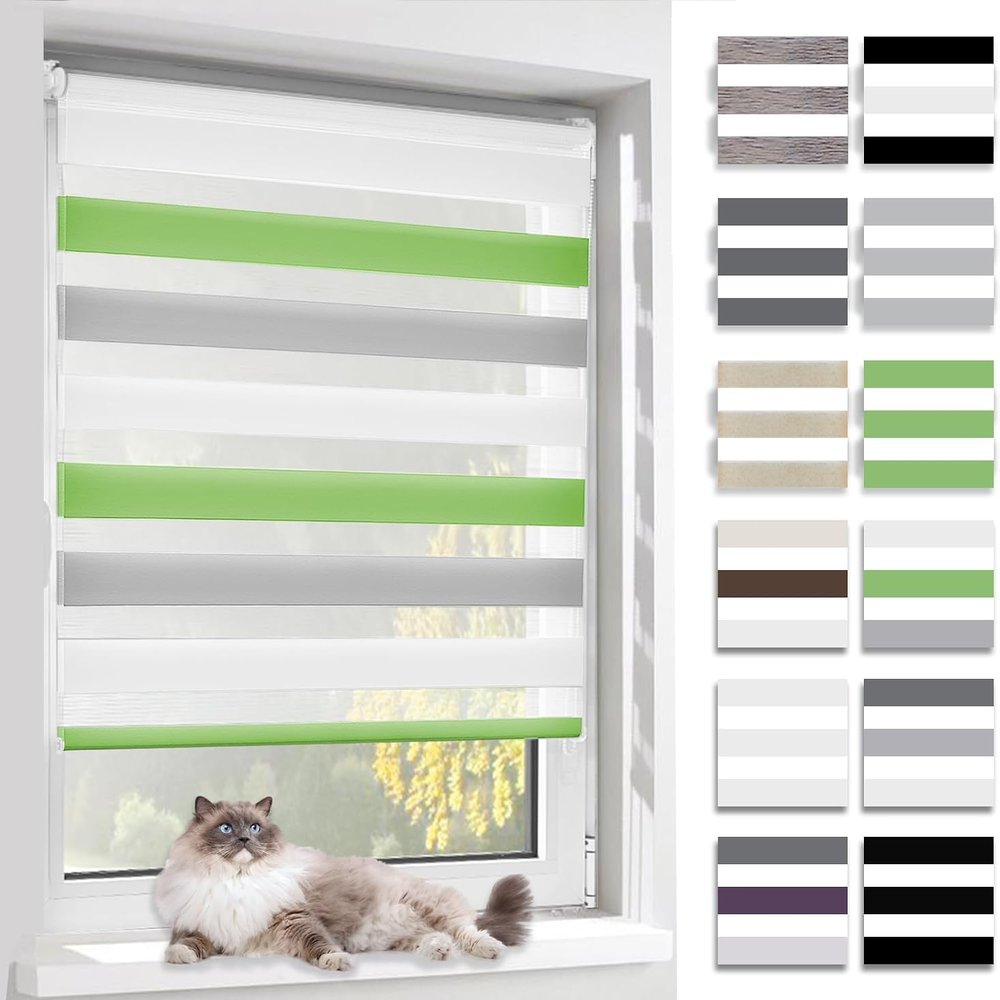 BelleMax Zebra Roller Blind, No-Drill or Drill Mount, White/Gray/Green, W75 x H140 cm