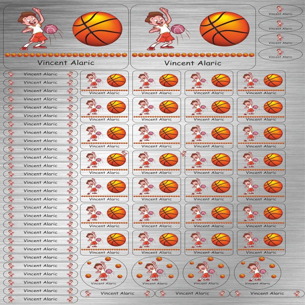 INDIGOS UG Personalized Children's Name Stickers, Stainless-Steel Look, Basketball, 69 Stickers