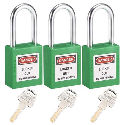 MroMax Lockout Tag Padlocks, 0.6 x 3.8 cm, Keyed Alike, Nylon, Steel Shackle, Grass Green, 3-Pack