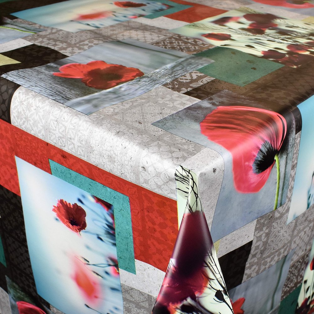 KEVKUS BI10 Poppy Patchwork Oilcloth Tablecloth, Selectable Shape and Border, 140 x 260 cm Rectangular