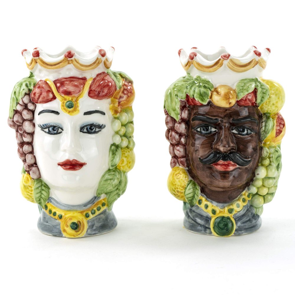 Pair of Sicilian Moorish Heads, 14 cm, Handmade Ceramic