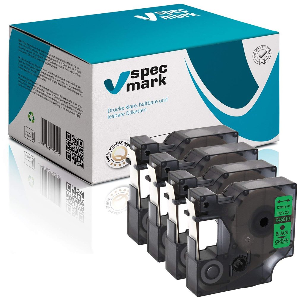 specmark D1 45019 S0720610 Label Tape, 12 mm x 7 m, 4-Pack, Black on Green
