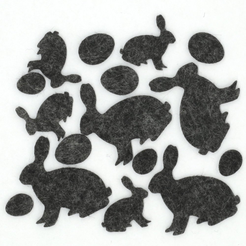 Beautiful Easter Felt Scatter Decorations, Rabbits and Eggs, 16 Pieces, Black Heathered