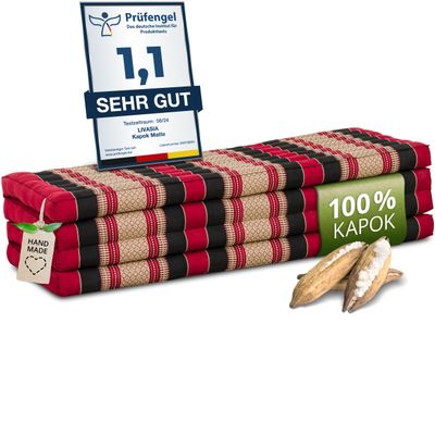 livasia Sustainable Folding Kapok Mattress XXL – 200 x 140 x 8 cm – Extra-Wide Guest Mattress, Double Folding Mattress, Eco Yoga Mat, Foldable Guest Bed, Garden/Balcony Lounger (Red/Black)