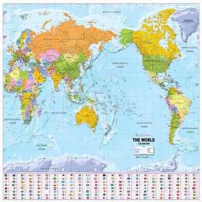 Political Wall Map, Pacific-Centered, Large, Scale 1:30 m, Paper