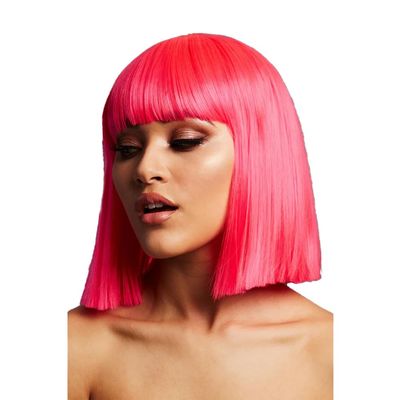 Smiffys Fever Lola Wig, Neon Pink, Blunt Bob with Bangs, 30 cm, Halloween