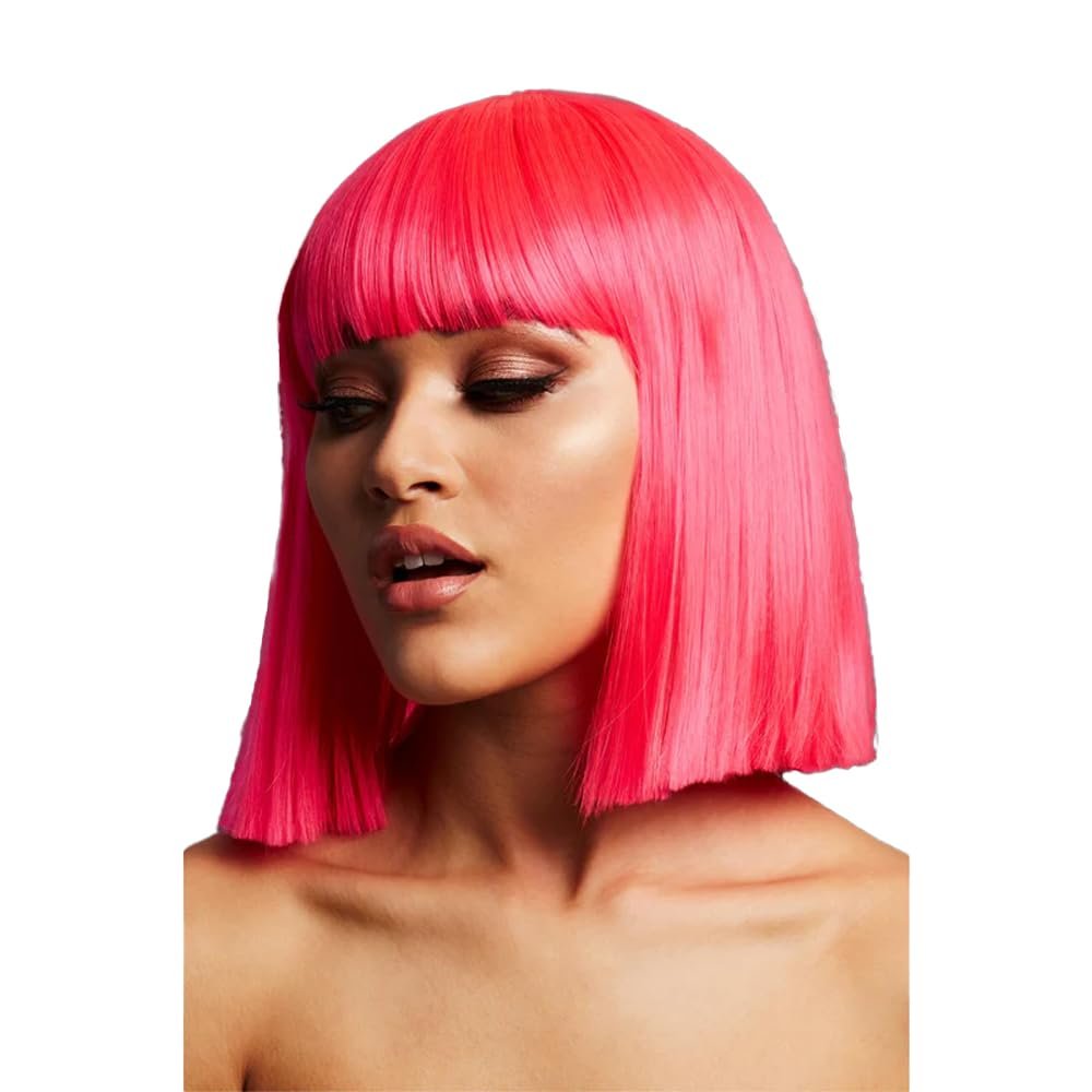 Smiffys Fever Lola Wig, Neon Pink, Blunt Bob with Bangs, 30 cm, Halloween
