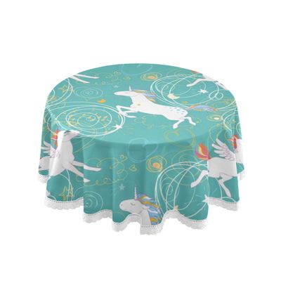 Mnsruu Round Tablecloth with White Unicorns in Light Blue