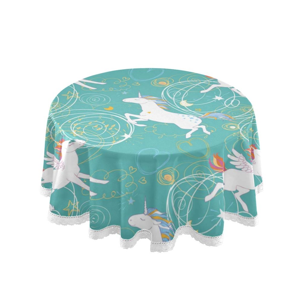 Mnsruu Round Tablecloth with White Unicorns in Light Blue
