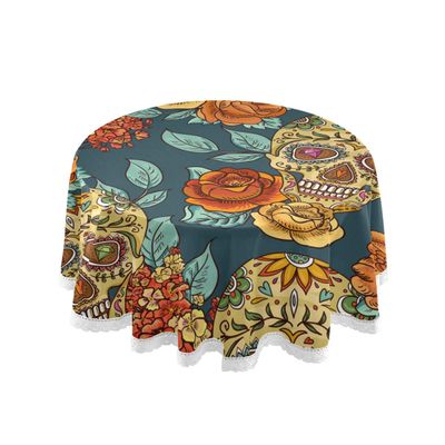 Mnsruu Round Tablecloth, Skull with Red Flowers, Decorative Table Cover for Dinner Parties