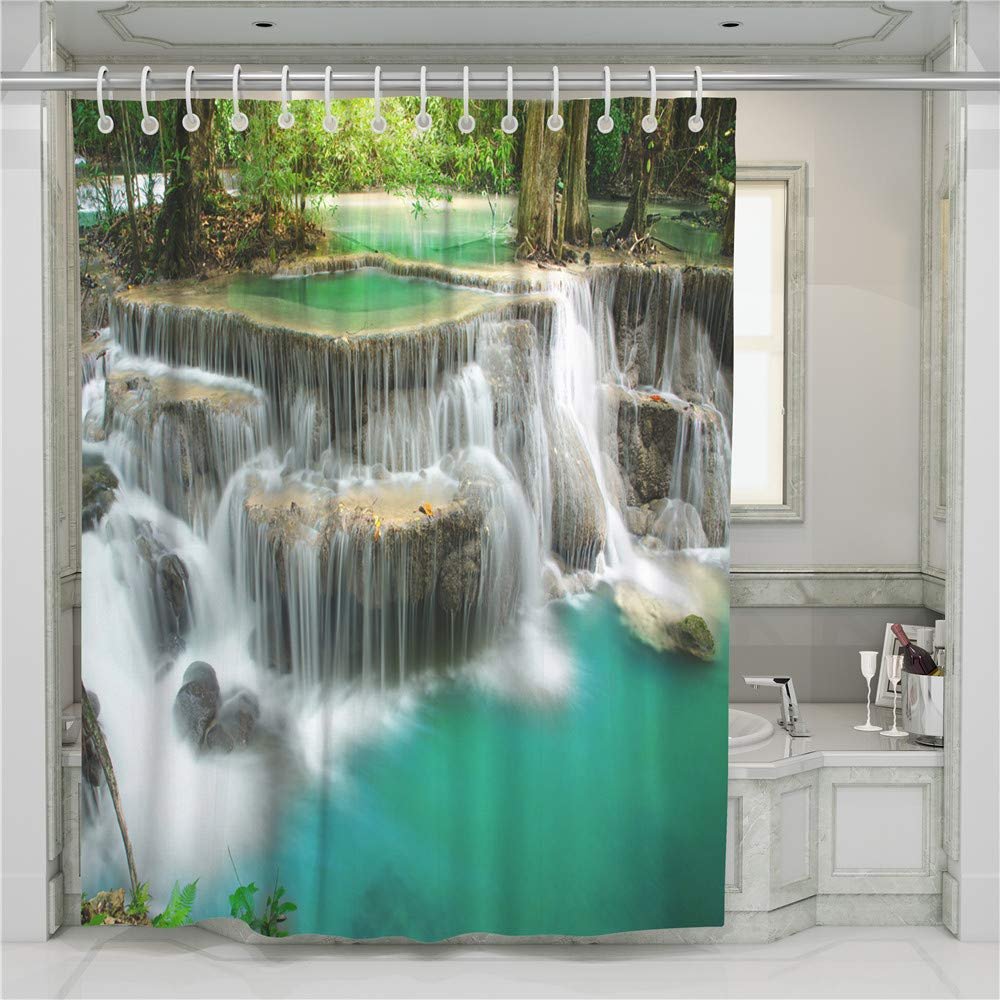 Chickw1 Waterproof Green Forest Shower Curtain, 100% Polyester, 3D Digital Print, 12 Hooks, 65 x 71 in