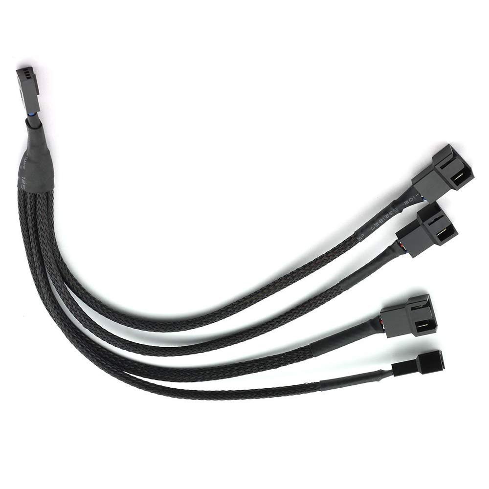 YieJoya 4-Pin PWM Fan Splitter Extension Cable, 1-to-4 Adapter, Black Braided Sleeve, 10 in, 1-Pack