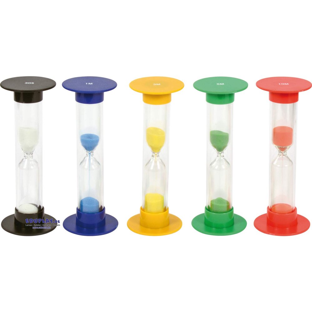 EDUPLAY 120601 Hourglass Set, 5.5 cm, 15 cm High, 30 Sec., 1, 3, 5, 10 Min., Multicolor, 5-Piece Set