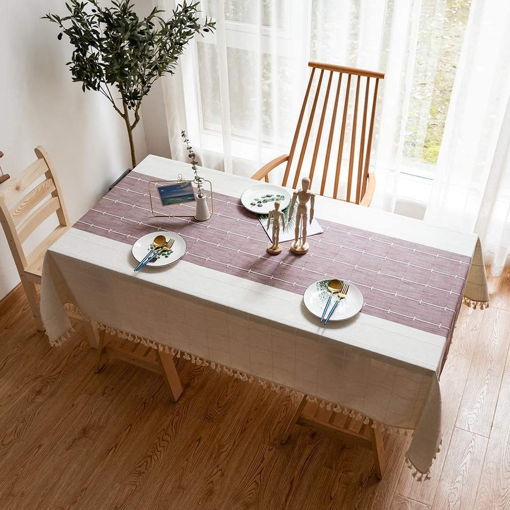 AMCER Cotton Linen Tablecloth 140 x 295 cm, Red