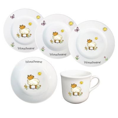 Personalized Children's 5-Piece Porcelain Dinnerware Set with Name, Lamb