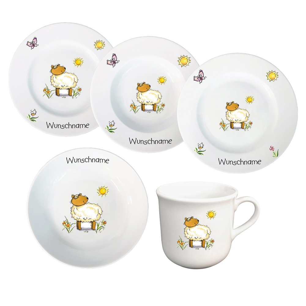 Personalized Children's 5-Piece Porcelain Dinnerware Set with Name, Lamb