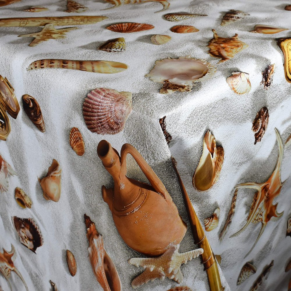 KEVKUS Oilcloth Tablecloth by the Meter C147090 Maritime Starfish Sand Shells, Rectangular, Round or Oval, Edge: Piping with Plastic Band, 140 x 190 cm Oval