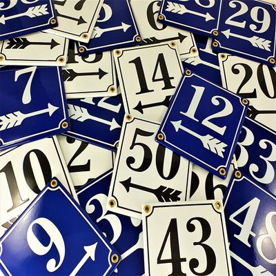 Berlin-Style Enamel House Number 47, Blue and White, Left Arrow, Handmade, 12 × 14 cm