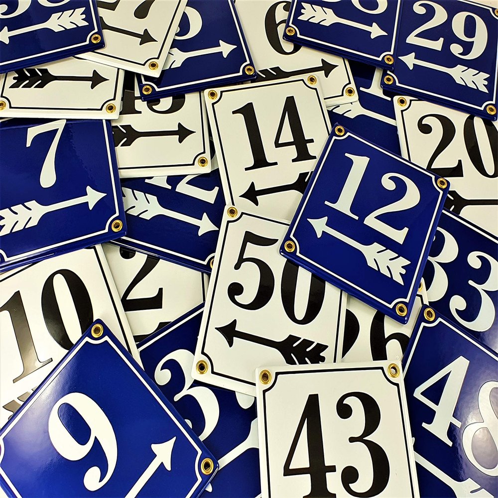 Berlin-Style Enamel House Number 47, Blue and White, Left Arrow, Handmade, 12 × 14 cm