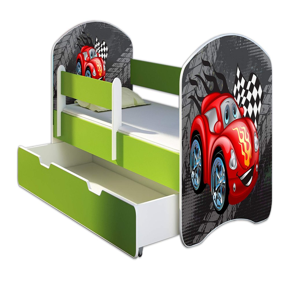 ACMA Children's Bed 160x80 with One Drawer and Mattress, Green, Fall Protection Rail, Slatted Base II, 05 Red Car