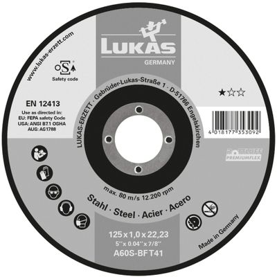 LUKAS T41 Cut-Off Wheel for Steel, 115 x 2.5 mm, Straight | for Angle Grinders | A24R-BF