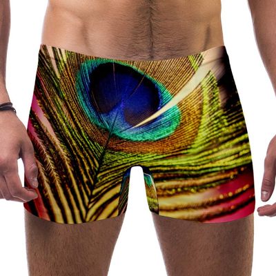 Lorvies Men's Peacock Feather Swim Trunks, Short Square Leg, Quick-Drying, Sizes S–XXL, Multicolor