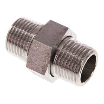 Fitting Components – 3-Piece Detachable Stainless Steel Male Double Nipple, up to 40 bar (Version: Tapered Seal – Thread: R 3/8" x R 1/4")